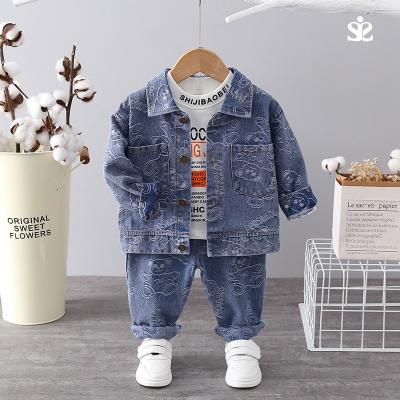 China Spring and autumn new baby clothes 0-5 years old boy 3 piece set bear denim fashion wholesale jeans for sale