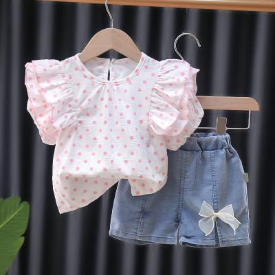 China Baby girl Clothes 0-5T Dot puff sleeve denim shorts breathable Outfit Clothing kids wear Suits supplier for sale