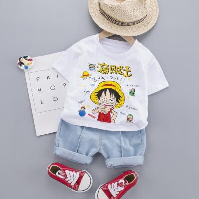 China Summer 0-5 years old boys fashion suit baby cartoon cotton T-shirt denim shorts kids boy clothing baby suit two-piece for sale