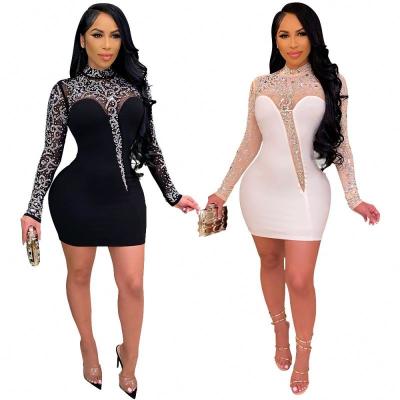 China 2021 High Quality Anti-Static Club Dresses Plus Size Women Rhinestone Bodycon Mini Dress Luxury Mesh See Sexy Slim Fit for sale