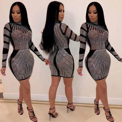 China 2021 Breathable Black Tight Rhinestone Long Sleeve One Piece Dress Mini Dresses Women Party Night Mesh Sheer Sexy See Through for sale