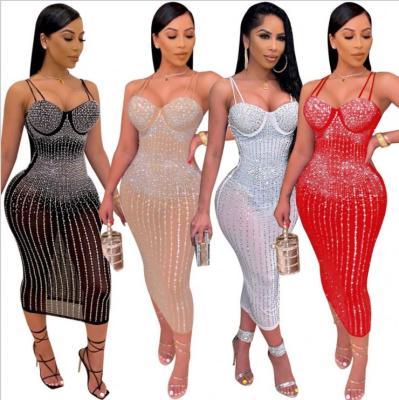 China Newest Anti-Static High Quality Colored Women Bandage Dress Sexy Spaghetti Strap Beaded Rhinestone Bodycon See Through Dress Club Dress for sale