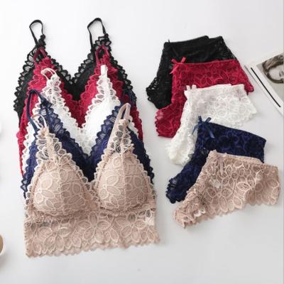 China Breathable Popular Sexy Panties And Push Up Embroidery Bralette Lingerie Free Size Women Lace Up Underwear Setsize Bra Set for sale