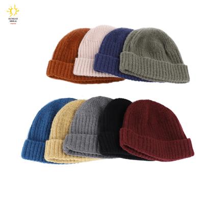 China High Quality Plain Dyed Skull Logo Cuffed Beanie Hat Custom 100% Warm Acrylics COMMON COMMON Winter Ribbed Knit Hat for sale