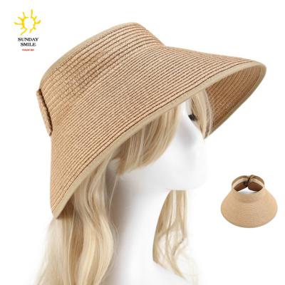 China 2021 Wholesale Striped Wide Brim Wide Crossed Roll Up Sun Straw Visors Hat Summer Beach Classic Simple Custom Made Women UV Protection Outdoor for sale