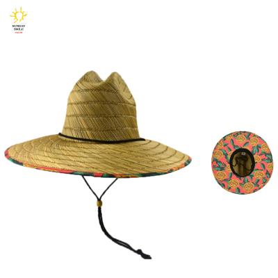 China Beach Printed Sun Straw Hat Straw Hat Lifeguard Printed Brim Straw Hat Floral Print Under for Men and Women with Chin Strap for sale