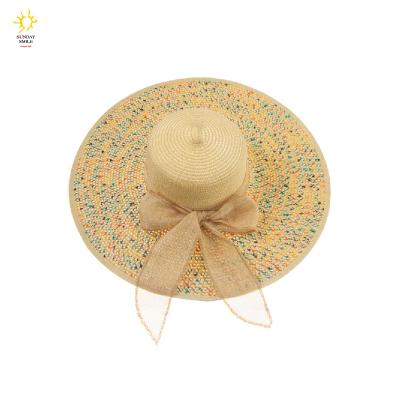 China Straw Hat Women Wide Brim Straw Hat Bowknot Printed Beach Hat Wholesale Foldable Printed Straw Hat Summer Sun Hat for sale