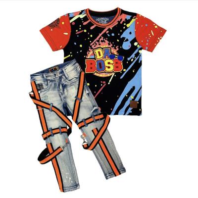 China OEM ODM Kids Clothes Manufacturer Children Summer Short Sleeve T-shirt Casual Jeans Pants Fashions Kids Boy Denim Set for sale