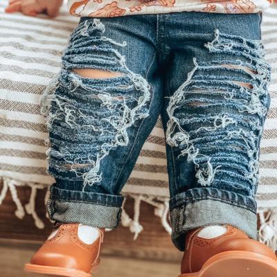 China Fashion Spring Summer Denim Toddler Lattice Outfits Breathable Toddler Ripped Jeans for sale