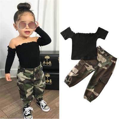 China Style Casual Sweet Summer Ribbed Short Sleeve Off The Shoulder T-shirts Full + Pants Wholesale 2Pcs Baby Kids Girls Kid Clothing Sets for sale