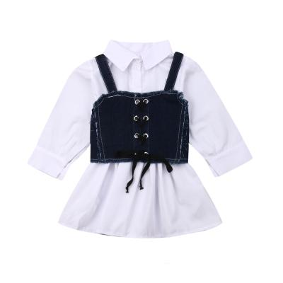 China Breathable wholesale new design fashion custom made baby kids baby shirt dress+ denim vest shirt dress clothes for sale