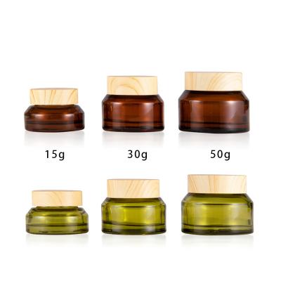 China 15g 30g 50g Cosmetic Glass Cosmetic Jars With Lids Shoulder Empty Containers Travel Storage Jar With Inner Layers White Wood Grain Lid for sale