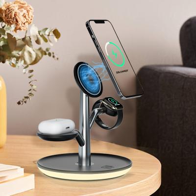 China Smart Watch 15W Wireless Charger 3 In 1 Magnetic Fast Charger Wireless Holder With Led Lamp for sale