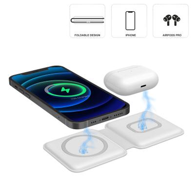 China Quality Foldable Mini 2 in 1 Dual Foldable Magnetic Wireless Charger Dock for Iphone 12 11 pro X Max Mini for Airpods 2 Charging Station for sale