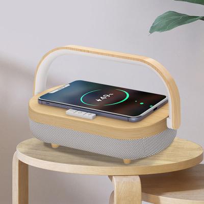 China Portable Wooden 10W QI Smartphone Charger Bedside Dock Dock Wireless Reference 3 in 1 Wooden Wireless Charger Speaker with Lamp for sale