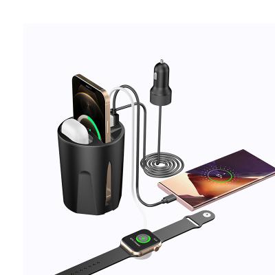 China With Extra Dual USB Port QI 10W Quick Charge 4 In 1 Cup Stand Car Wireless Charger With Dual USB For Iphone Samsung Airpods 2/Pro for sale