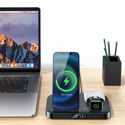 China Foldable QI 15W Quick Charge 3 in 1 Desktop Nightstand Wireless Charger Alarm Clock Foldable Wireless Charging Station for sale