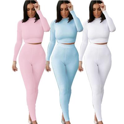 China QUICK DRY Fall Autumn Sexy Bodycon Solid Color Custom Logo Long Sleeve Sports Joggers Pants Two Piece Crop Top Pants Set for sale