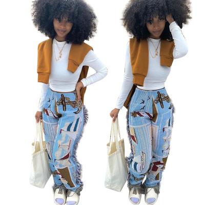 China New Fashion Women's Casual Graffiti Summer Tassel Straight Women's Pants QUICK DRY Long Pants for sale