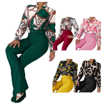 China QUICK DRY Fashion Women Spring Ladies Autumn Print Long Sleeve Shirt Wide Leg Blouse 2 Piece Pants Sets With Belt for sale