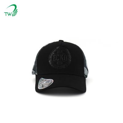 China Mesh Woven Patch Trucker Hat Custom JOINT Wholesale 5-Panel Hat Black Logo For Sports Hats for sale