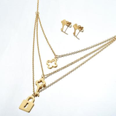 China Cute High Quality Gold Qings Stainless Steel Padlock Flower Earring Necklace Chain Set for sale