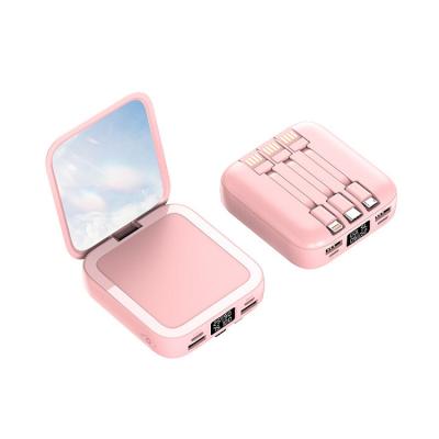 China With new design fashion of digital display 2022 10000mah make up mirror power bank Mini Power Bank with built-in cable for sale