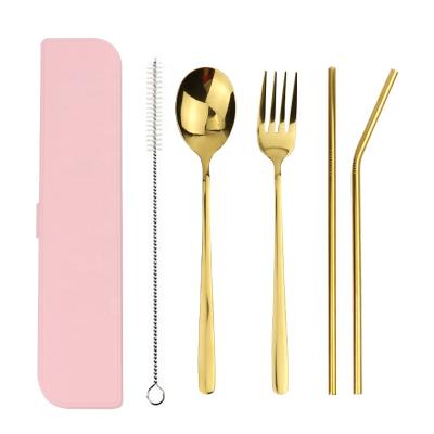 China Sustainable Korean Camping Kids Straw Travel Gold Stainless Steel Reusable Cutlery Set With Case for sale