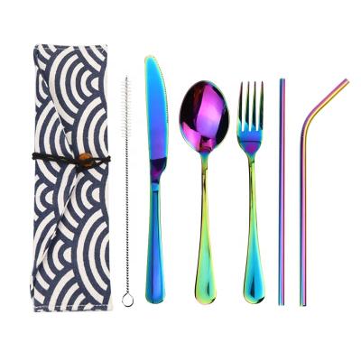 China Sustainable Reusable Cutlery Stainless Steel and Metal Straw Camping Travel Cutlery Set Office Utensil with Case for sale