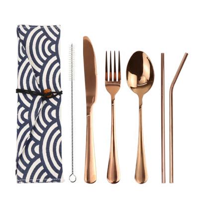 China Sustainable Reusable Cutlery Stainless Steel and Metal Straw Camping Travel Cutlery Set Office Utensil with Case for sale