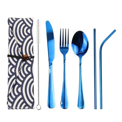 China Sustainable Reusable Cutlery Stainless Steel and Metal Straw Camping Travel Cutlery Set Office Utensil with Case for sale