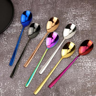 China Long Handle Sustainable Korean Colorful Metal Tea Rose Bar Blue Flat Ice Cream Stainless Steel Tableware for sale