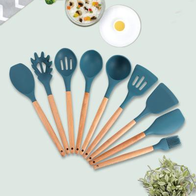 China Sustainable Household Cutlery Set Kitchen Dish Spatula Silicone Cooking Blue Wooden Cutlery 9 Piece Set for sale