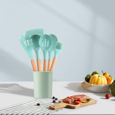 China Sustainable Reusable Heat Resistant Wooden Handle For Household Use Eco Friendly Silicone Cooking Kitchen Utensil Set for sale