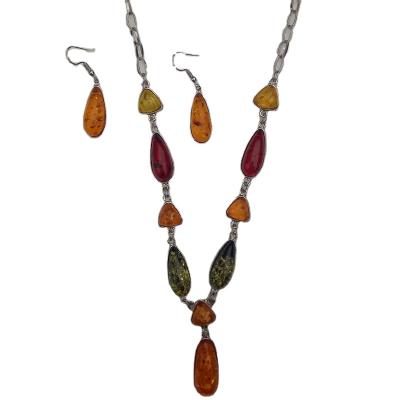 China Popular Qetesh Jewelry Sets Round Amber Pendant Necklace Water Drop Earrings Set For Women Jewelry for sale