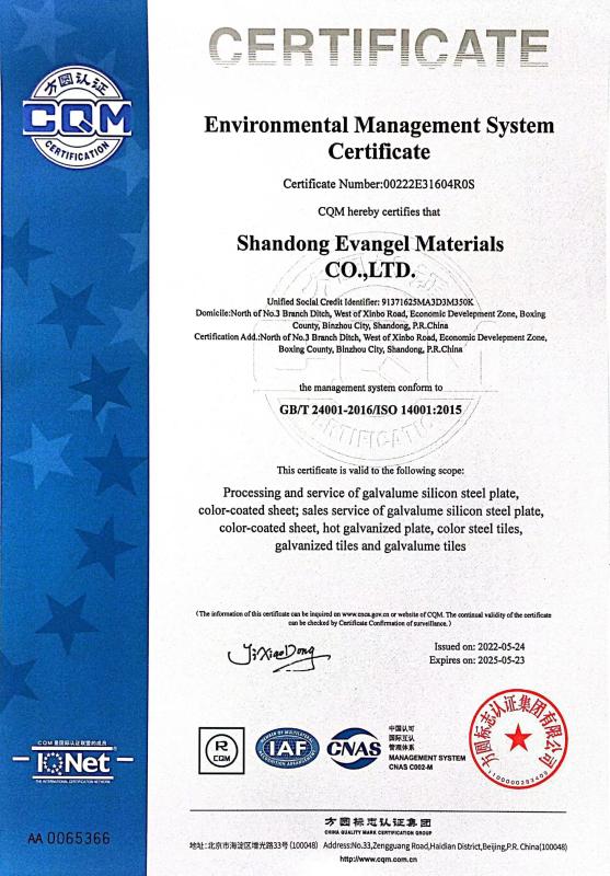 ISO14001:2015 - Shandong Evangel Materials Co., Ltd