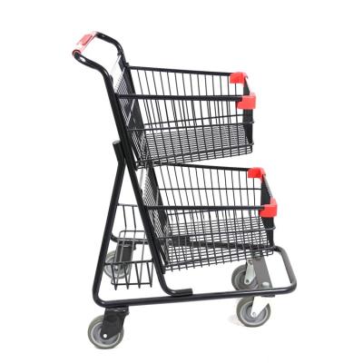 China Unfolding Supermarket Shopping Cart With Two Baskets , Double Basket 2 Tiers Trolley With 4 Wheels for sale