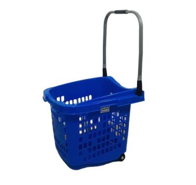 China New design durable PW626 55L supermarket rolling cart with 4 wheels, plastic shopping baskets with wheels for sale