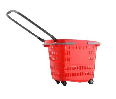 China PP Plastic 50L Supermarket Handle Rolling Plastic Basket, Plastic Trolley Rolling Shopping Basket With 4 Wheels for sale