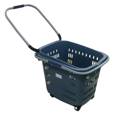 China MOQ 20 PCS 50L PP Plastic Supermarket Rolling Plastic Shopping Cart With Wheels, 50L 4 Wheels Large Store Rolling Shopping Cart for sale