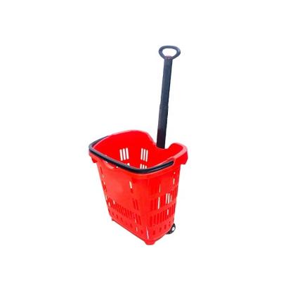 China Durable MOQ 20 PCS 40L customized logos 2 wheels supermarket plastic shopping basket china for sale