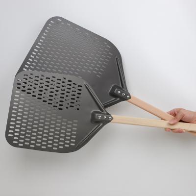 China 12/14 Inch Durable Perforated Pizza Skin Aluminum Shovel Wooden Handle Pizza Rotating Skin Paddle Short Baking Tool Non Slip Handle 40cm for sale