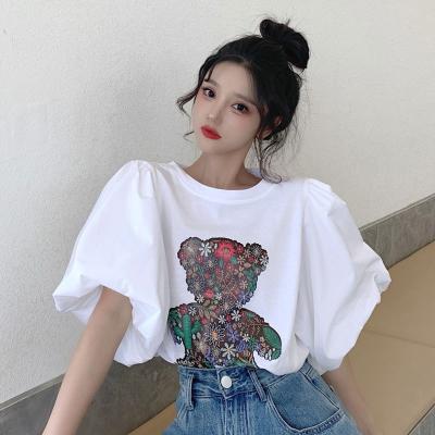 China 2022 New Summer Anti-pilling Bubble Elastic Double Sleeve Cotton Plus Size Casual White Short Women's T-Shirt Cartoon Sleeve Graphics for sale