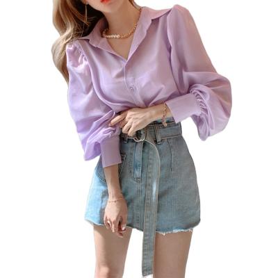 China Anti-pilling New Spring Lantern Sleeve/Lapel Solid Color Summer Straight Loose Casual Shirt for sale