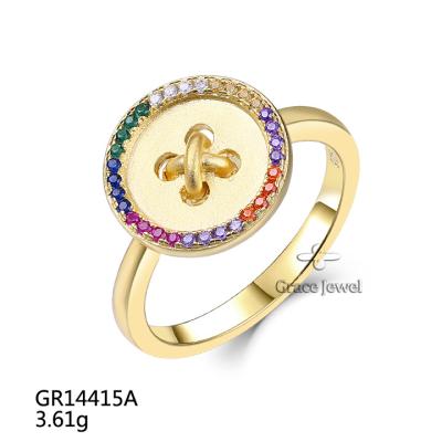 China FASHIONABLE Matte Finished Cloth Button Design Grace Jewelry Rainbow Color Gem Stone Gold Plated 925 Sterling Silver Ring for sale