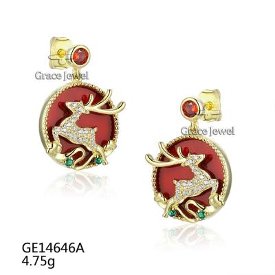 China Grace Jewelry Christmas Deer 3D Trendy Trendy Red Agate Luxury Gold Plated 925 Silver Women Dangle Earrings for sale