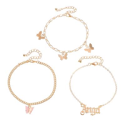 China Vintage Personalized Letters Angel Foot Ornament Adjustable Alloy Temperament Gold Butterfly Chain Anklet Multilayer For Ladies for sale