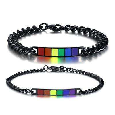 China Fashion Romantic Top Selling Jewelry For Lovers Black Color Stainless Steel Chain Bracelet For Women And Men Rainbow Enamel Bracelet for sale