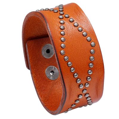 China FASHIONABLE handmade leather rivet bracelet for men wholesale price stock trendy bracelet accept customer engrave leather jewelry for sale