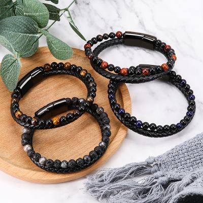 China Vintage Stock Selling Europe Fashion Tigereye Natural Volcanic Stone Beaded Men's Agate Charm Bracelet Leather Bracelet For Men for sale